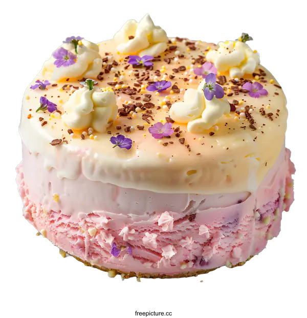 [Transparent Background PNG]Close-up of a cake with white and pink frosting and purple flowers
