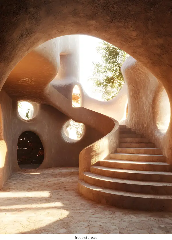 Modern Architecture Design with Spiral Staircase and Circular Windows