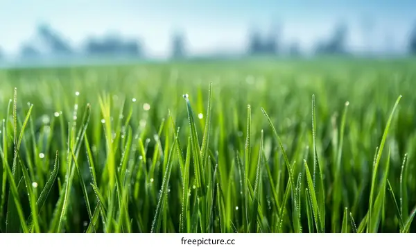 Close-up of green grass field with water drops on the tips of the grass