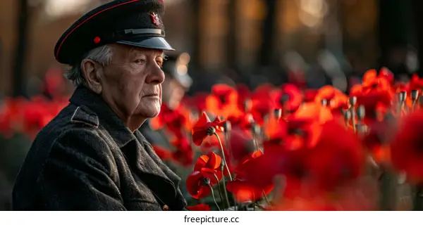 British Veteran Reflecting Amidst Red Poppies