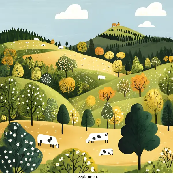 Springtime Landscape with Rolling Hills and Cows