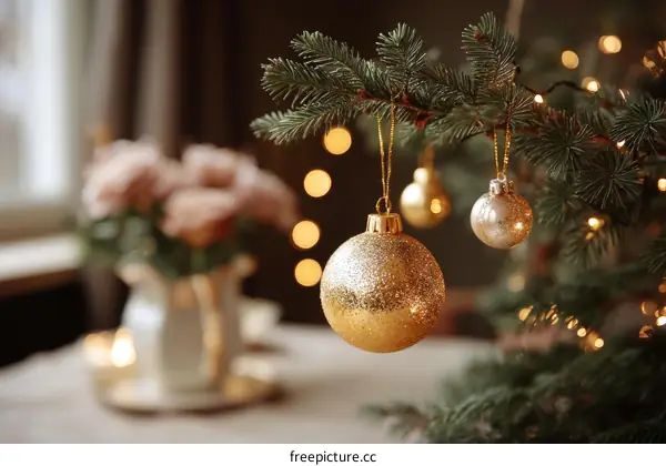 Golden Christmas Ornaments on a Christmas Tree