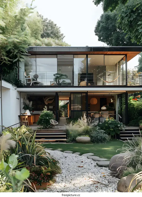Modern Glass House With Large Windows and A Stone Path