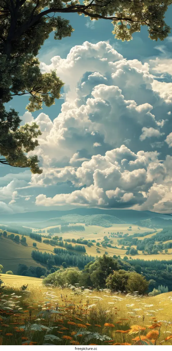 Green rolling hills under a blue sky with white clouds