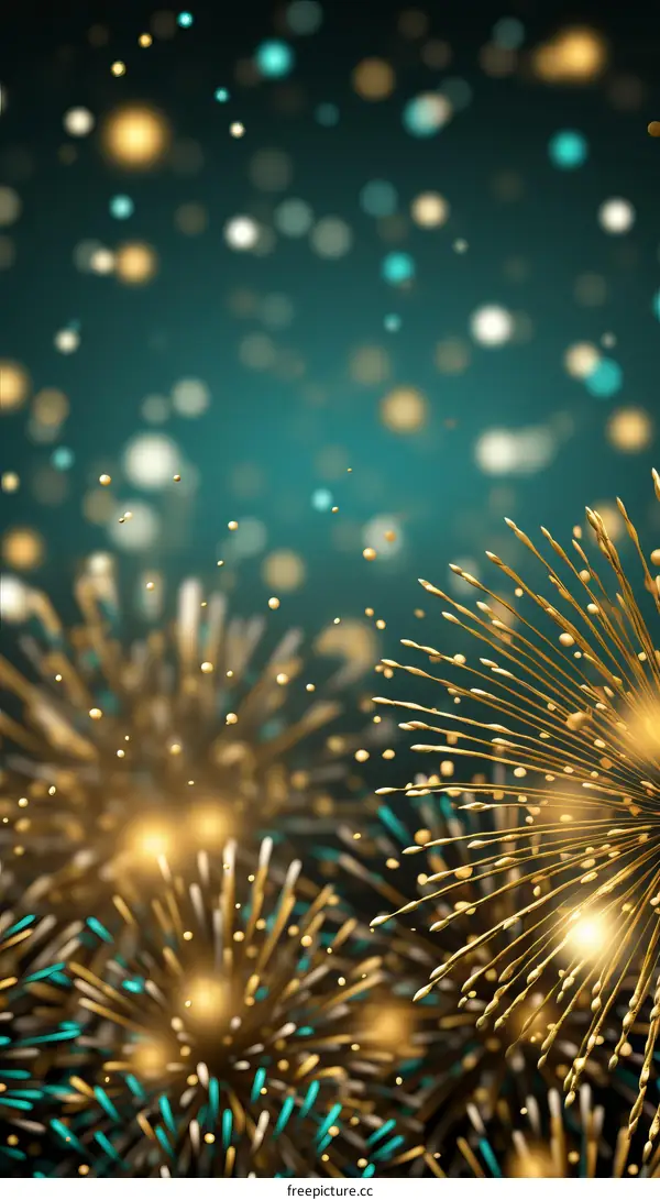 Golden fireworks with teal background