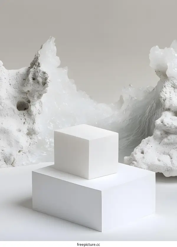 Minimalist Product Photography with White Cube Platform and Abstract Rock Formations
