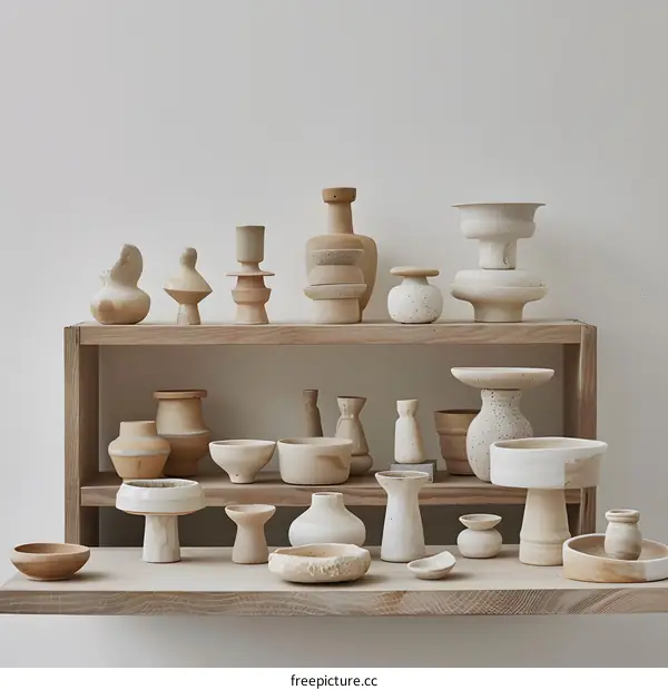 Collection of Ceramic Vases and Bowls on Wooden Shelves