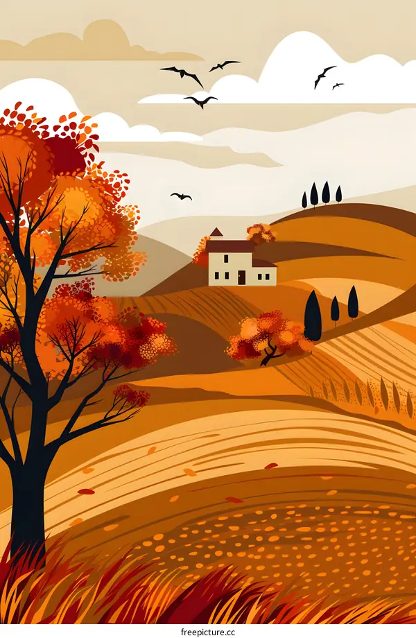 Autumn Landscape with House and Birds