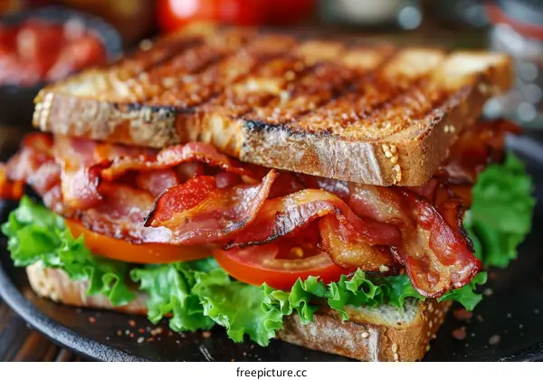 Close-up of a bacon sandwich with lettuce and tomato