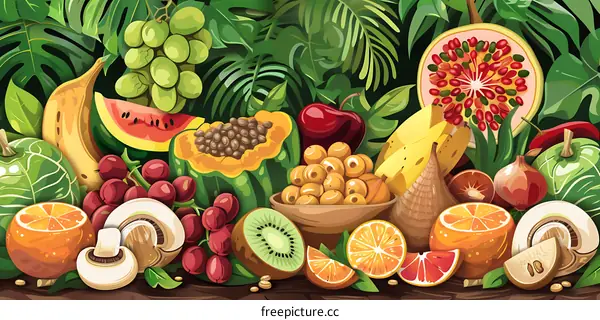 Colorful Tropical Fruits And Vegetables Illustration