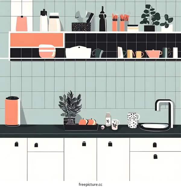Minimalist Kitchen Illustration With Open Shelving