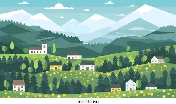Mountain Village with Green Hills and Yellow Flowers