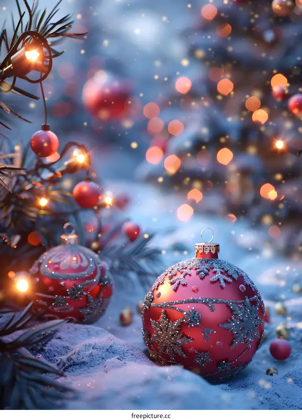 Red Christmas balls with bokeh lights background