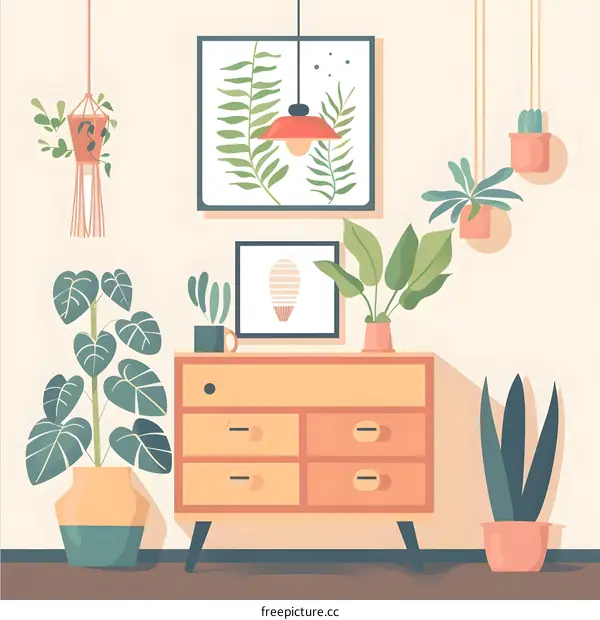 Modern Interior Design With Plants And A Dresser