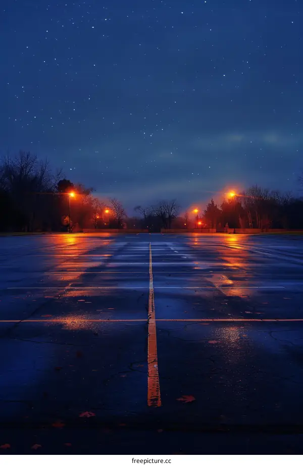 Nighttime parking lot with starry sky and wet pavement
