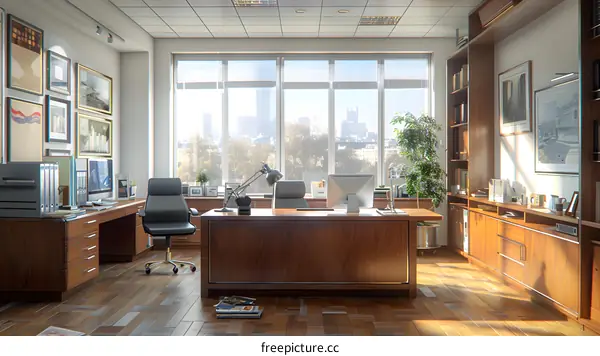 Modern office interior with large windows and wooden furniture
