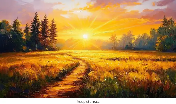 Golden Sunrise Over a Wheat Field