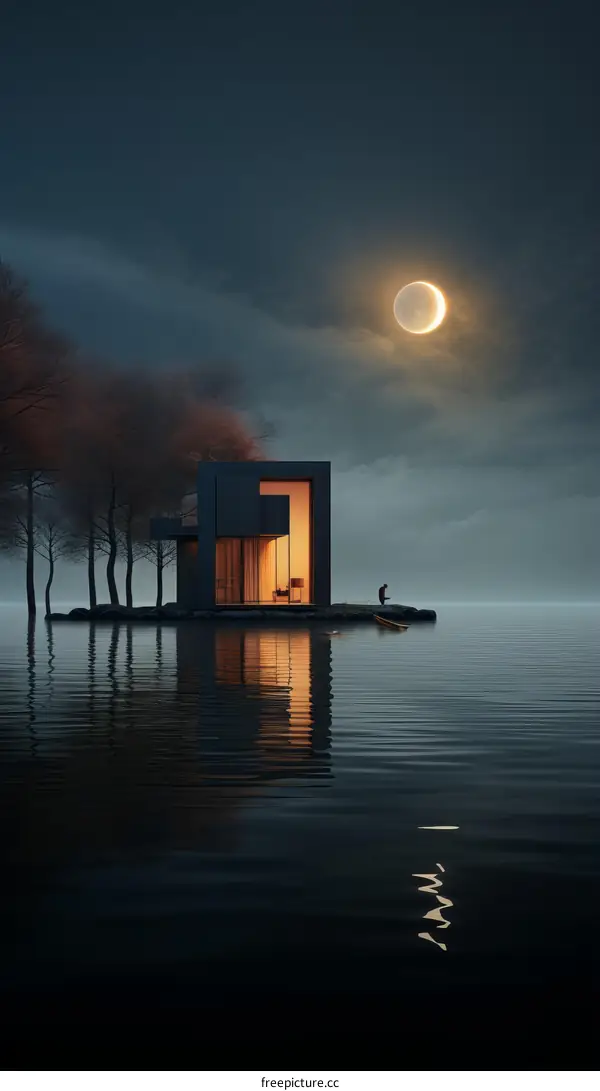Lonely House on the Lake with Crescent Moon in the Background