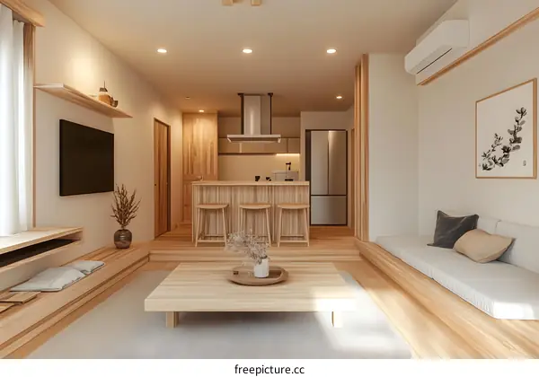 Modern Minimalist Japanese Style Living Room Interior Design with Wooden Floor and Furniture