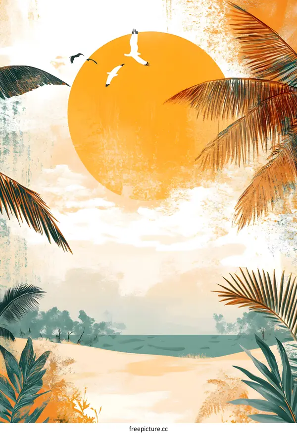 Palm Tree Sunset Beach Tropical Illustration