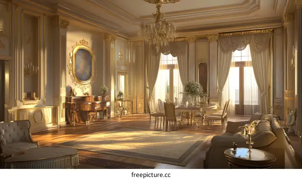 Luxury Living Room With Gold Decorations and French Windows