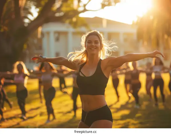 Ecstatic blonde woman in black sports bra and shorts with arms outstretched in front of blurred group of women doing aerobics in park