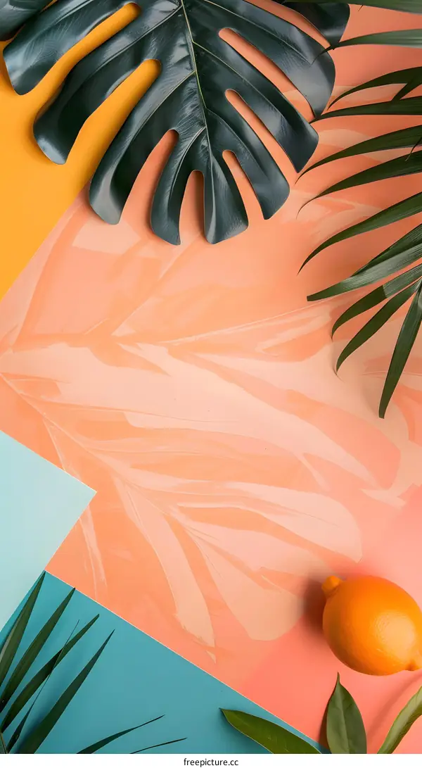 Tropical Leaves and Orange Fruit on Colorful Background