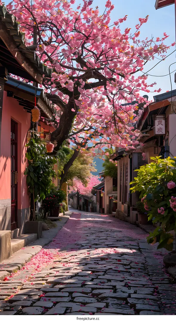 The pink cherry blossom tree in the alley