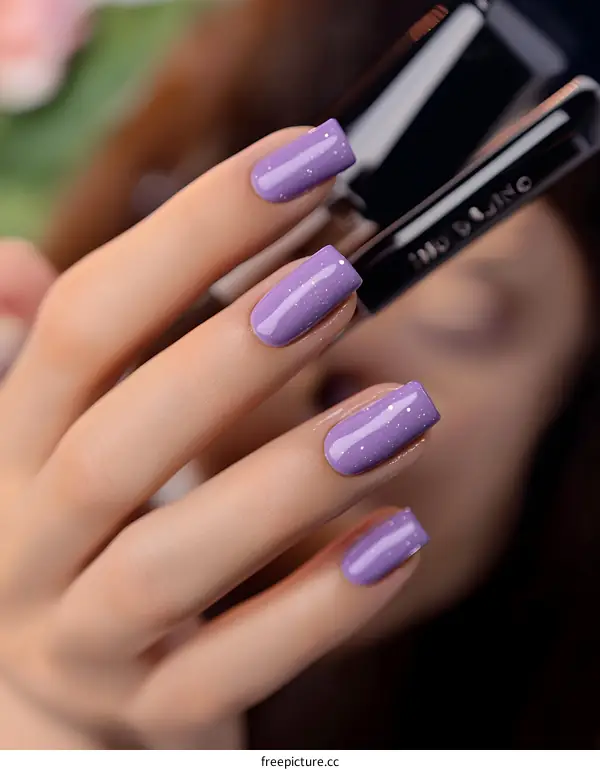 Close Up Of Woman Hand With Purple Nail Polish
