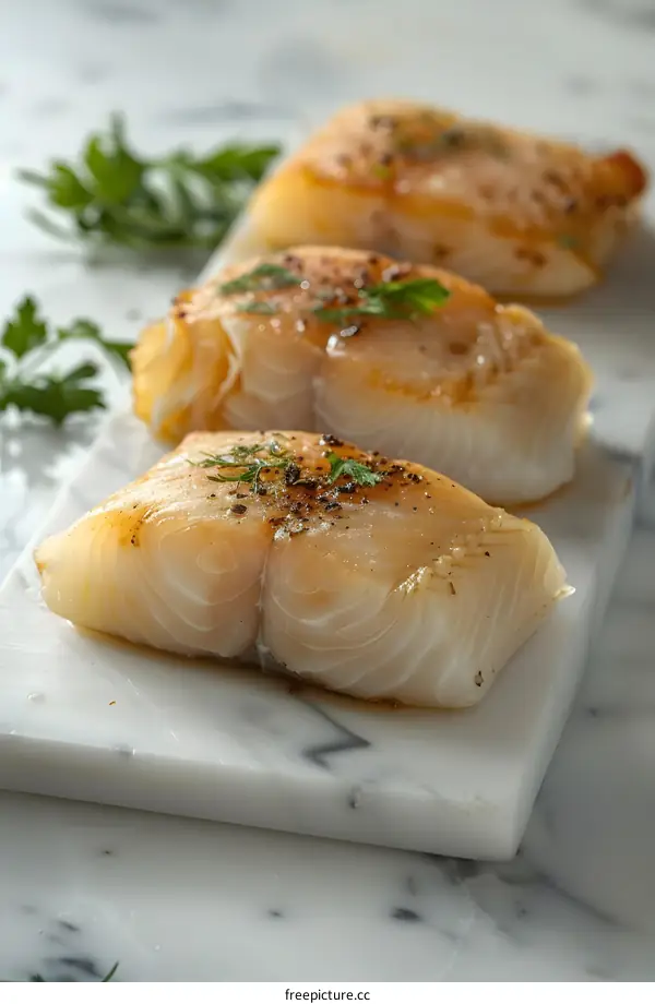 Three pieces of fish fillet on a marble slab