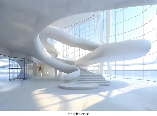 White Modern Building With Curved Stairs and Glass Walls