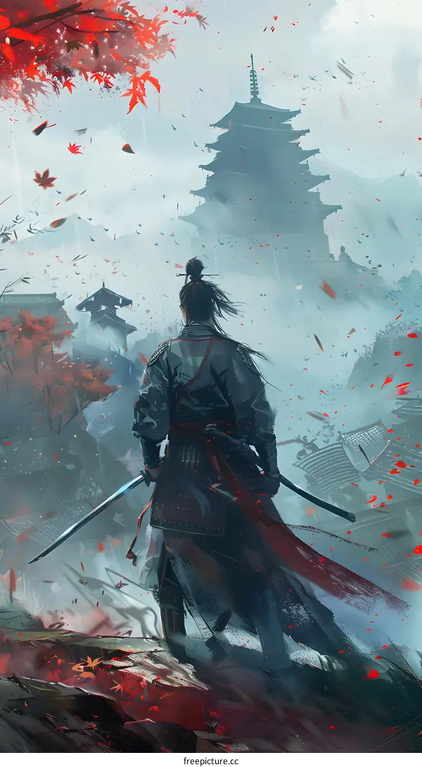 Samurai Warrior Standing in Front of Pagoda in Rain