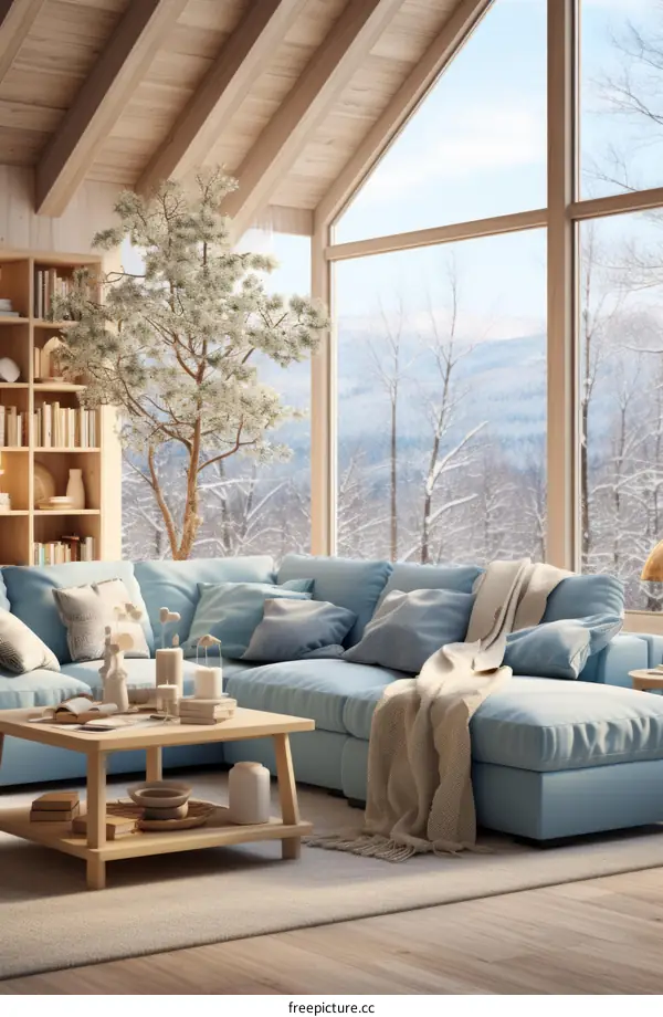 Cozy Scandinavian Living Room with Snowy Forest View