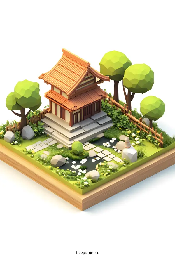Low Poly Style Japanese House Illustration