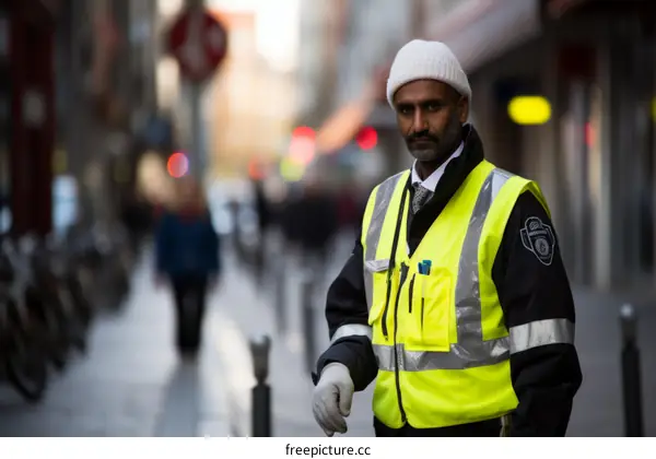 A security guard stands on a street corner in Dublin, Ireland.