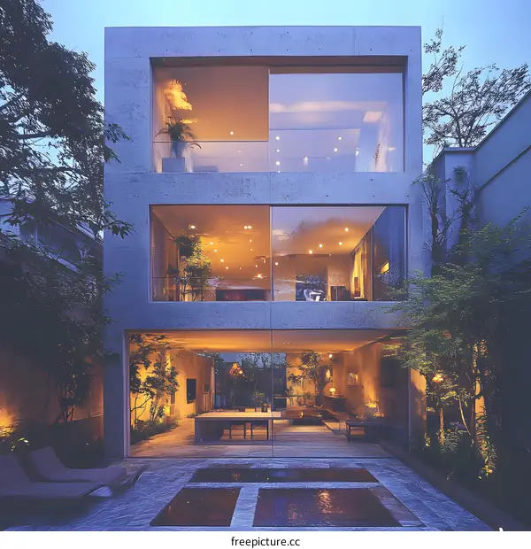 Modern Concrete House with Glass Walls and Outdoor Patio