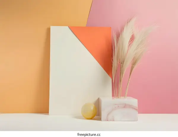 Minimalist Still Life with Pampas Grass, Marble and Ball on Colorful Background
