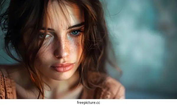 portrait of a young woman with freckles and blue eyes