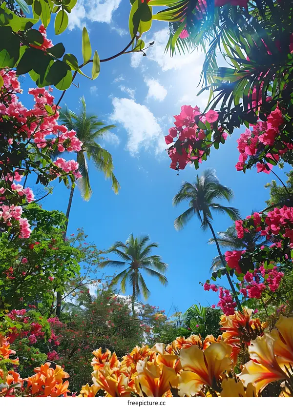 Looking up at the sky through the pink flowers and palm trees