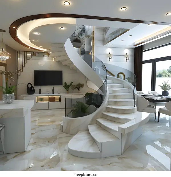 Modern White Spiral Staircase in a Luxurious Home Interior