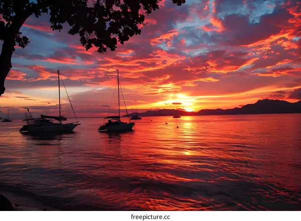 sailboat in the calm water with amazing red sunset