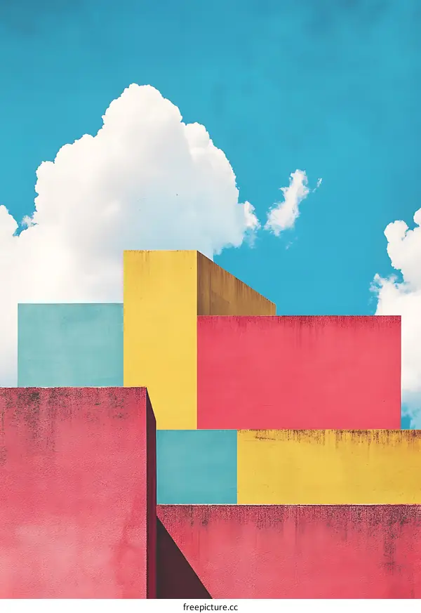 Abstract Minimalist Architecture with Colorful Walls and Clouds
