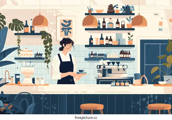 Woman Serving Coffee in a Cafe Interior Illustration