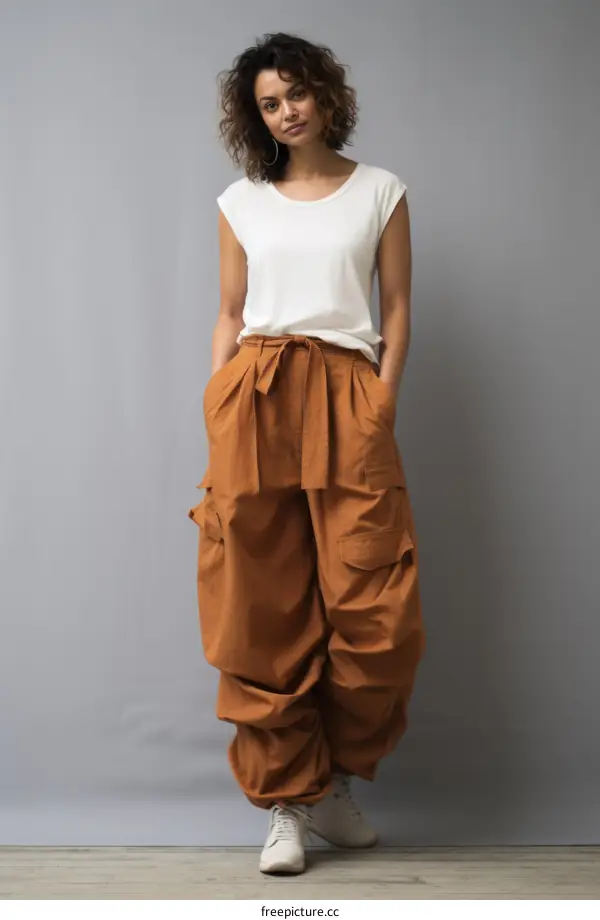 A woman wearing baggy brown pants and a white shirt