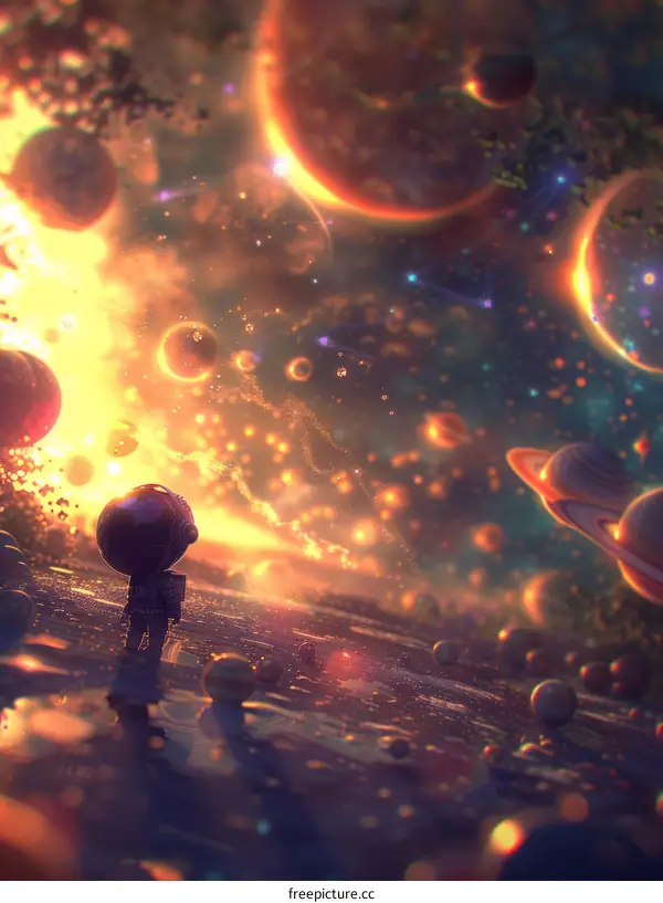 An astronaut in a surreal landscape with multiple planets and stars
