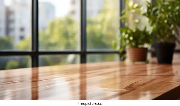 An empty wooden table with a potted plant in the background