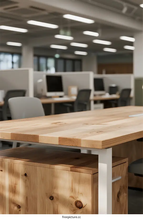 Modern office space with wooden desks and computer monitors