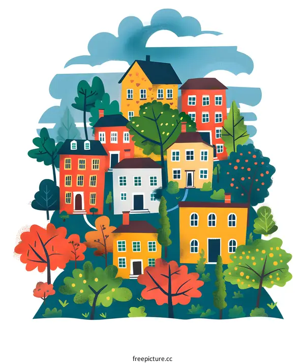 Colorful Illustration of a Small Town with Houses and Trees