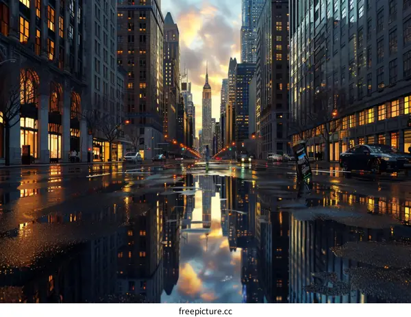 Rainy Cityscape Reflections of Skyscrapers