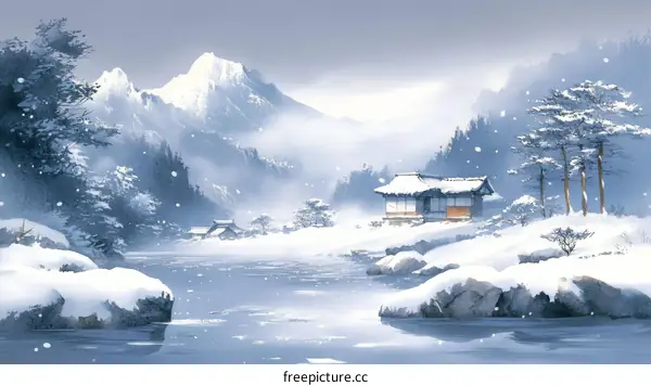 Winter Landscape Snow Covered Village Illustration